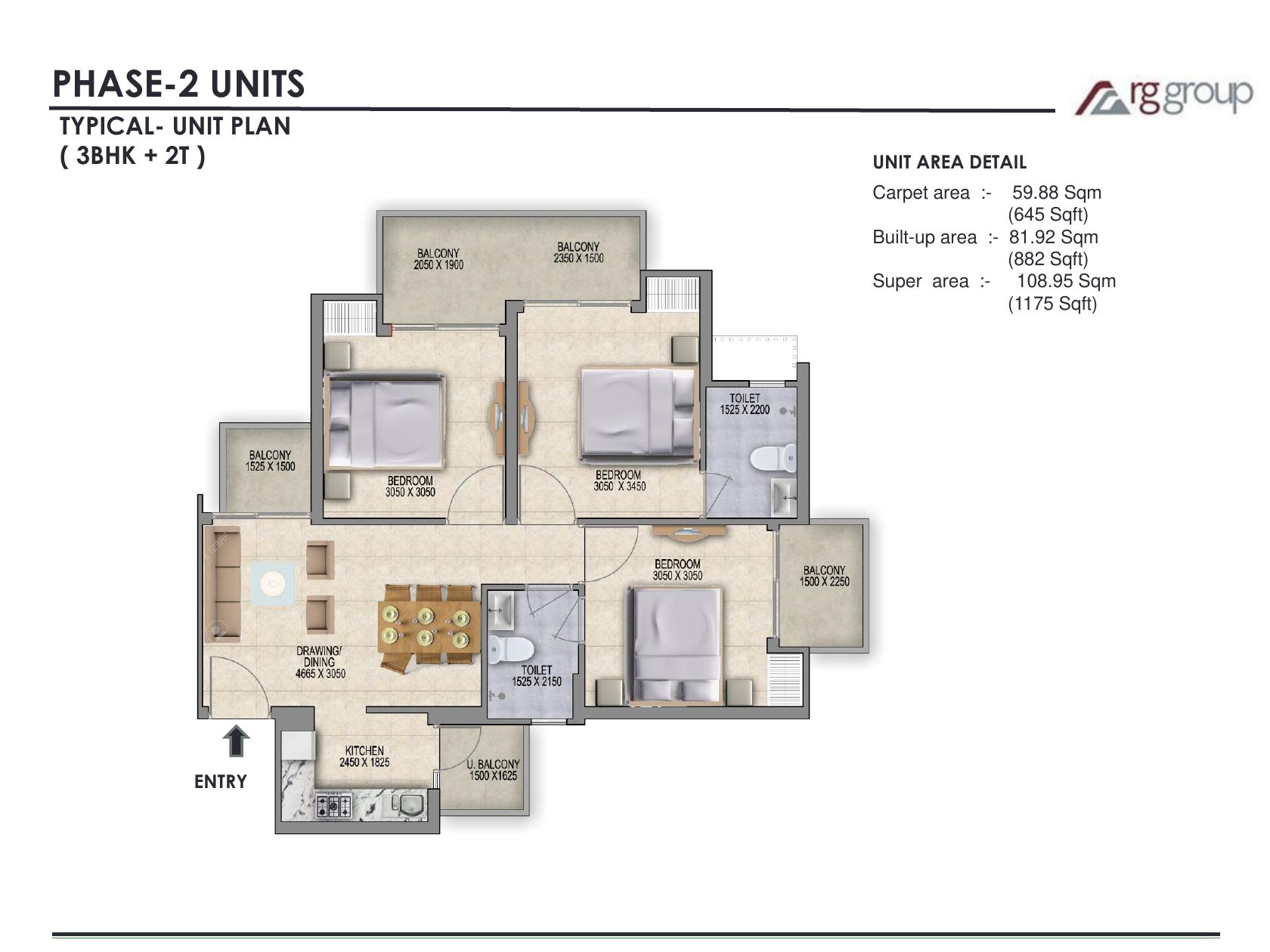 Phase 2 typical 3BHK + 2T unit plan with room labels