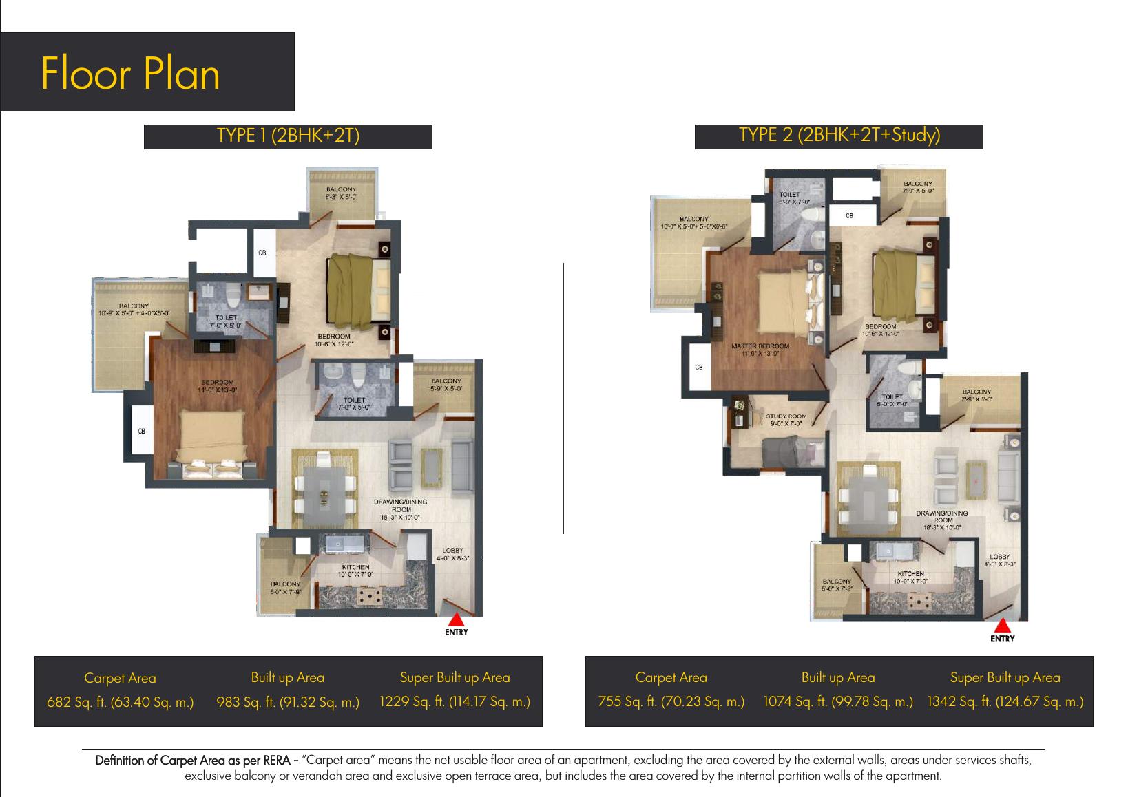 Type 1 2BHK and Type 2 2BHK study