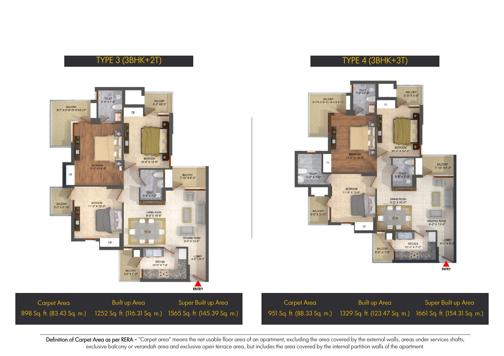 Type 3 and Type 4 3BHK plans