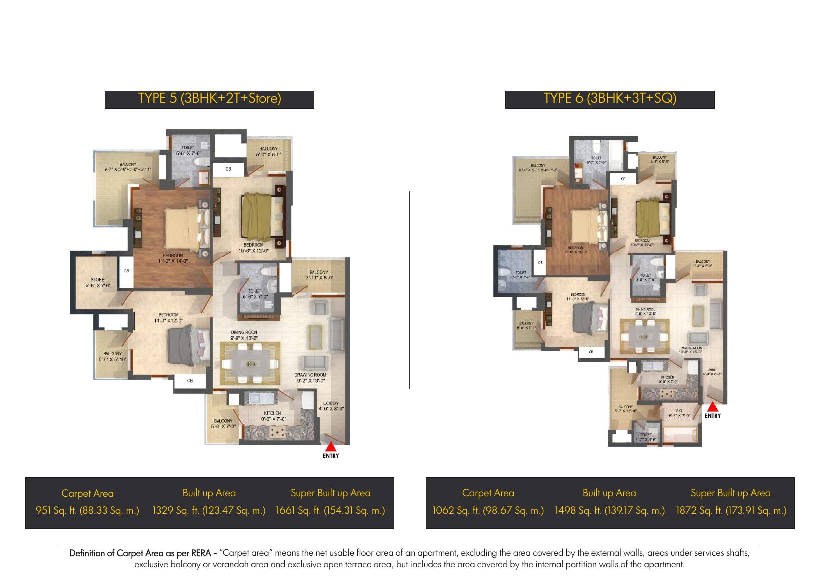 Type 5 and Type 6 3BHK store and servant